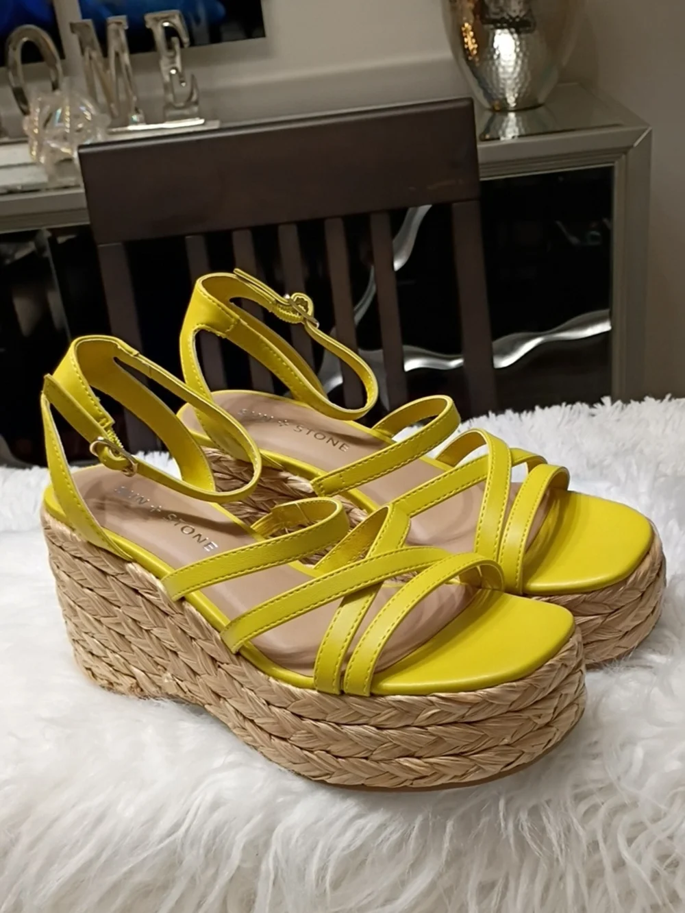 New Sun + Stone Citron Yellow Strappy Rafia Espadrille Platform Sandals 5.5M